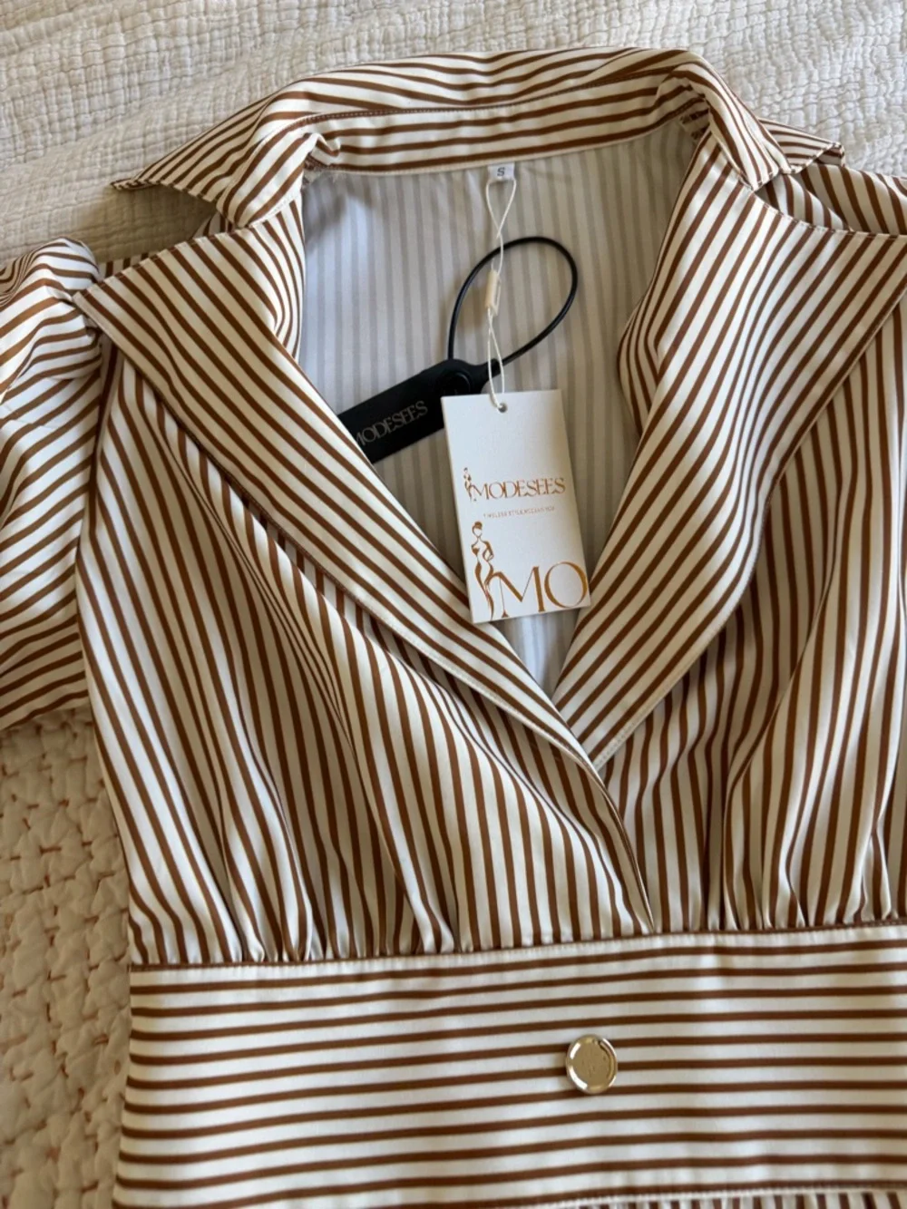 Button-Front Beige and White Striped Midi Dress - Picture 3 of 4